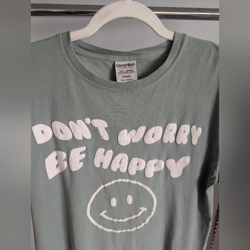 "Don't Worry Be Happy" Puff Ink Oversized Sage Green Smiley Face Tee